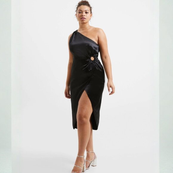 French Connection Women's Adaline Satin Midi Cocktail and Party Dress Black Size - Picture 1 of 4